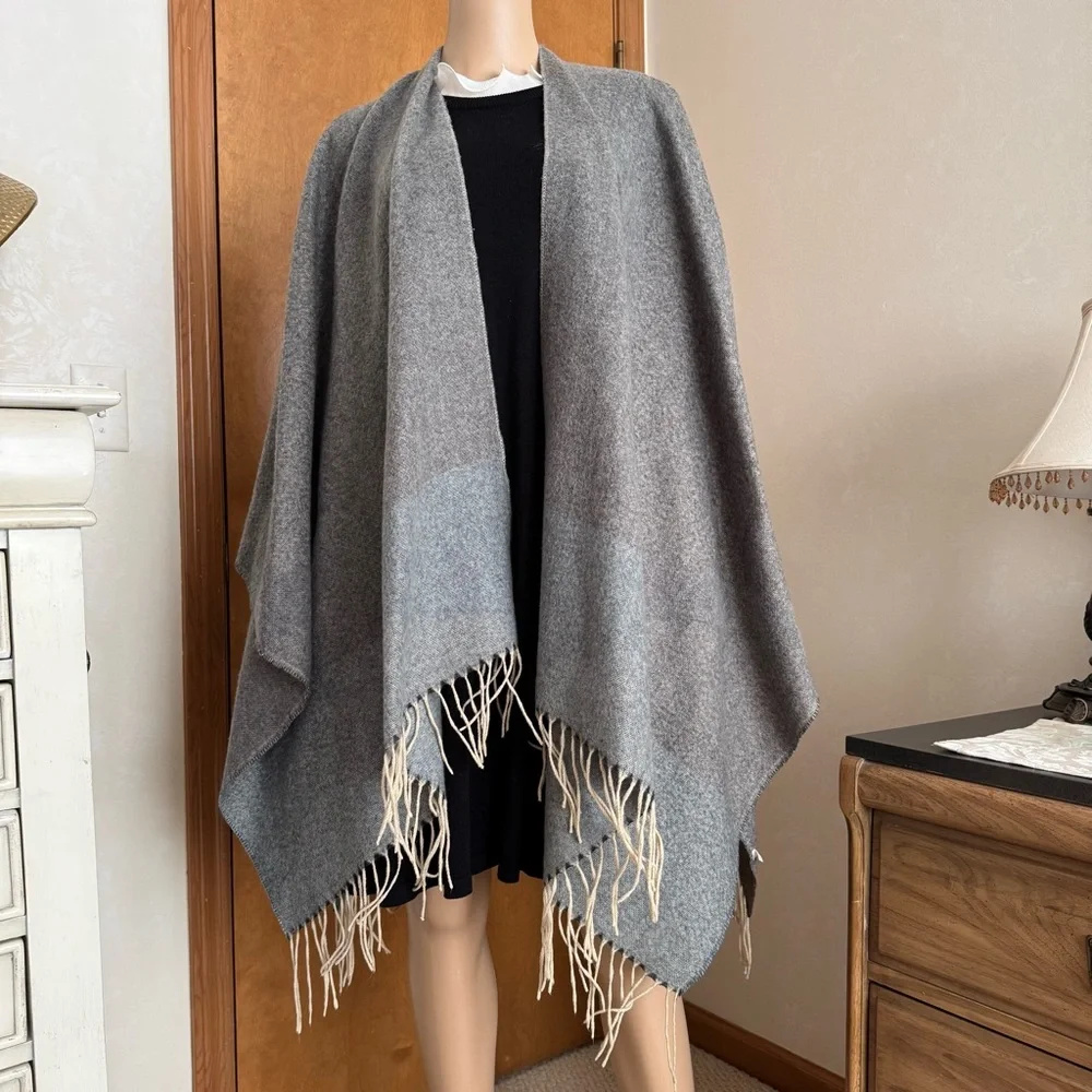 Macy's Gray Cream Blanket Scarf Cape with Fringe